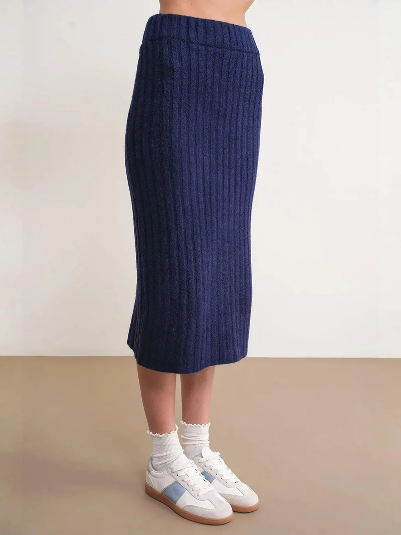 MixRay Navy Blue MIXRAY High Waist Ribbed Knit Skirt for Women | Best Price UAE